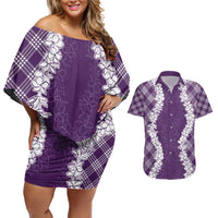 Hawaii Aloha Plumeria Lei Violet Palaka Couples Matching Off Shoulder Short Dress and Hawaiian Shirt LT7 Violet - Polynesian Pride