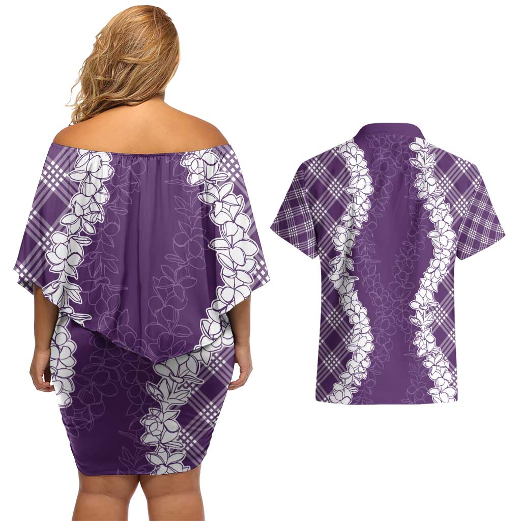 Hawaii Aloha Plumeria Lei Violet Palaka Couples Matching Off Shoulder Short Dress and Hawaiian Shirt LT7 - Polynesian Pride
