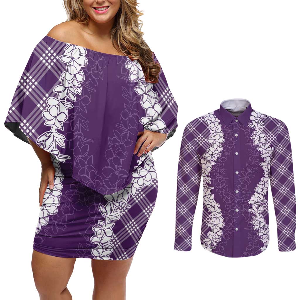 Hawaii Aloha Plumeria Lei Violet Palaka Couples Matching Off Shoulder Short Dress and Long Sleeve Button Shirt LT7 Violet - Polynesian Pride