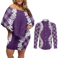 Hawaii Aloha Plumeria Lei Violet Palaka Couples Matching Off Shoulder Short Dress and Long Sleeve Button Shirt LT7 Violet - Polynesian Pride