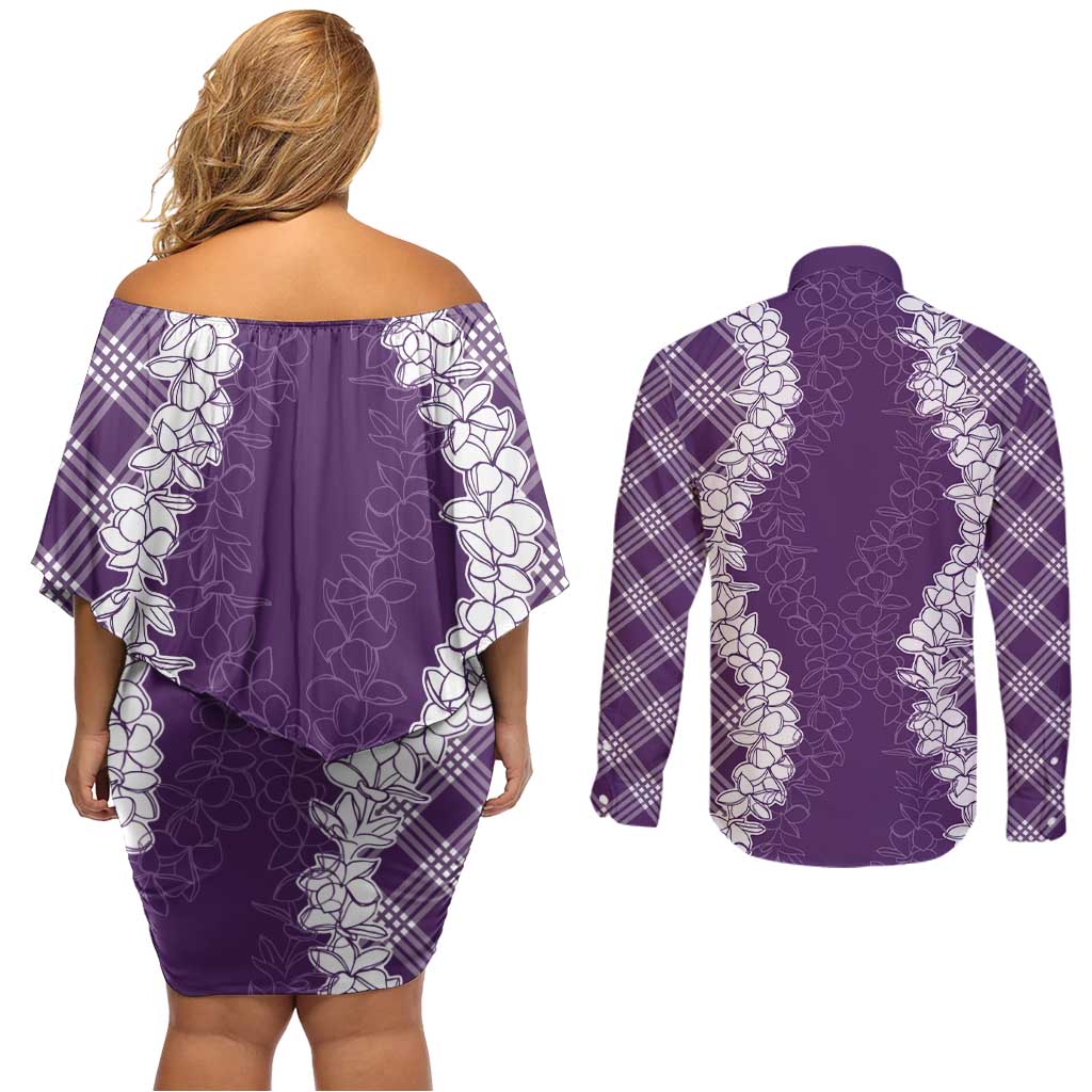 Hawaii Aloha Plumeria Lei Violet Palaka Couples Matching Off Shoulder Short Dress and Long Sleeve Button Shirt LT7 - Polynesian Pride