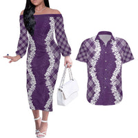 Hawaii Aloha Plumeria Lei Violet Palaka Couples Matching Off The Shoulder Long Sleeve Dress and Hawaiian Shirt LT7 Violet - Polynesian Pride