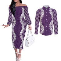 Hawaii Aloha Plumeria Lei Violet Palaka Couples Matching Off The Shoulder Long Sleeve Dress and Long Sleeve Button Shirt LT7 Violet - Polynesian Pride