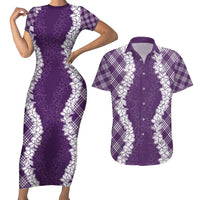 Hawaii Aloha Plumeria Lei Violet Palaka Couples Matching Short Sleeve Bodycon Dress and Hawaiian Shirt LT7 Violet - Polynesian Pride