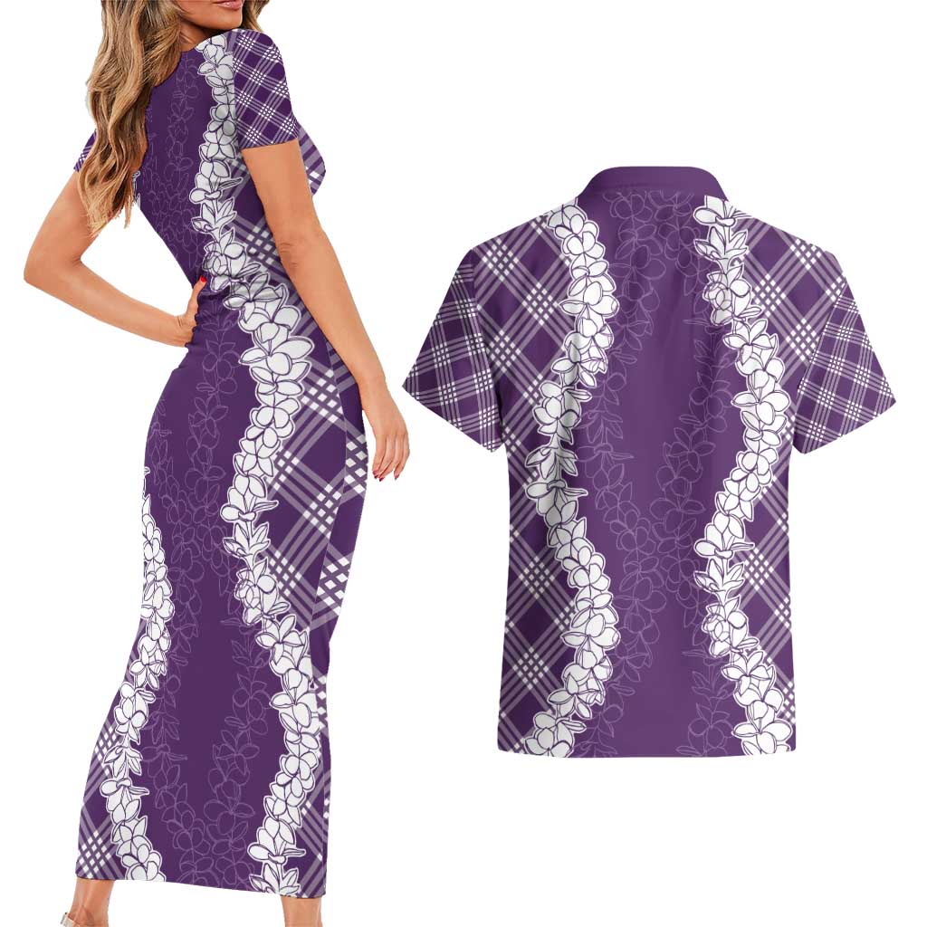 Hawaii Aloha Plumeria Lei Violet Palaka Couples Matching Short Sleeve Bodycon Dress and Hawaiian Shirt LT7 - Polynesian Pride