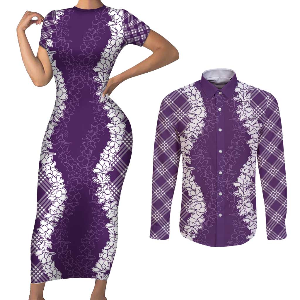 Hawaii Aloha Plumeria Lei Violet Palaka Couples Matching Short Sleeve Bodycon Dress and Long Sleeve Button Shirt LT7 Violet - Polynesian Pride