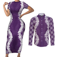 Hawaii Aloha Plumeria Lei Violet Palaka Couples Matching Short Sleeve Bodycon Dress and Long Sleeve Button Shirt LT7 Violet - Polynesian Pride