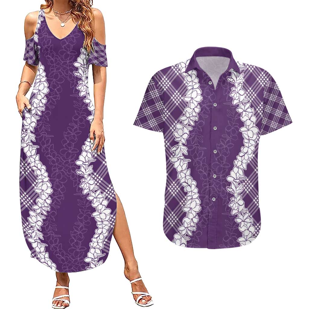 Hawaii Aloha Plumeria Lei Violet Palaka Couples Matching Summer Maxi Dress and Hawaiian Shirt LT7 Violet - Polynesian Pride