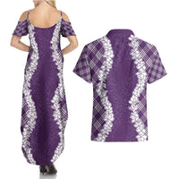 Hawaii Aloha Plumeria Lei Violet Palaka Couples Matching Summer Maxi Dress and Hawaiian Shirt LT7 - Polynesian Pride