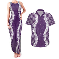 Hawaii Aloha Plumeria Lei Violet Palaka Couples Matching Tank Maxi Dress and Hawaiian Shirt LT7 Violet - Polynesian Pride