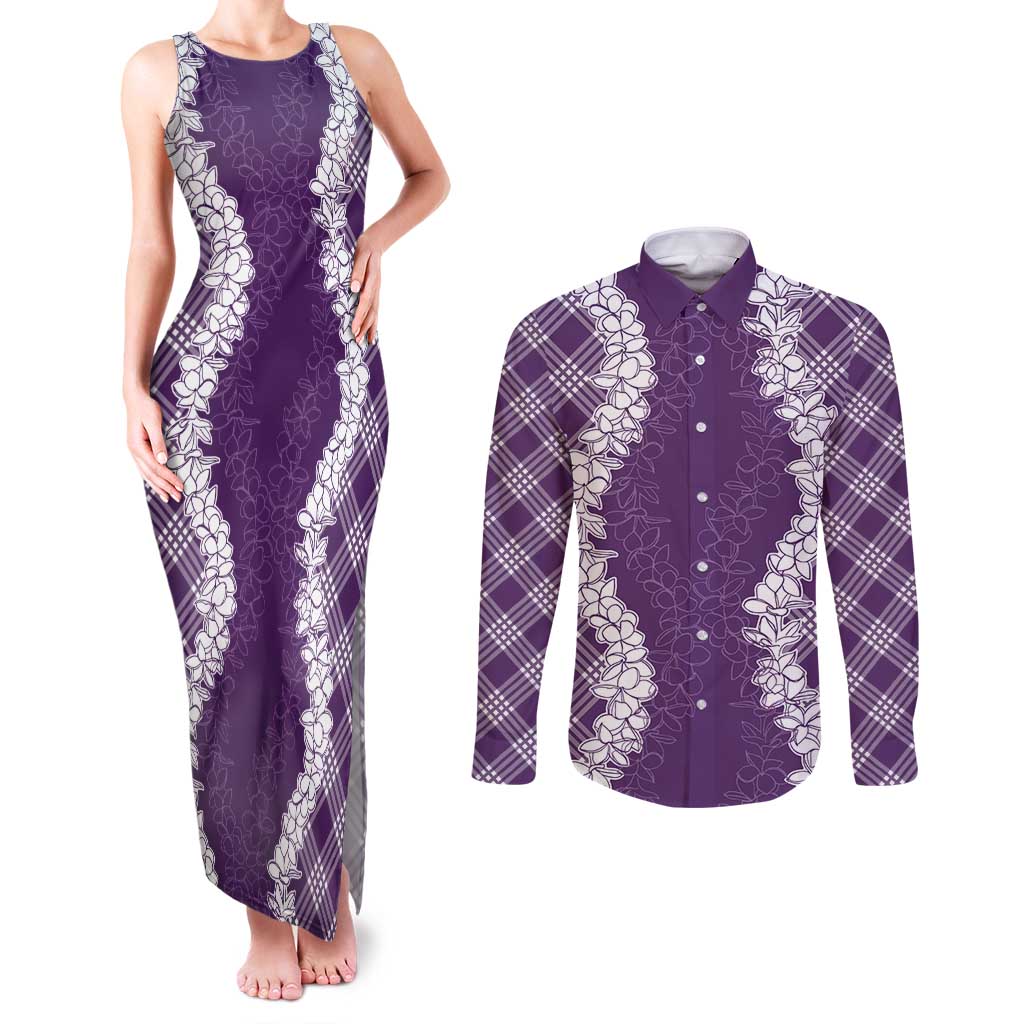 Hawaii Aloha Plumeria Lei Violet Palaka Couples Matching Tank Maxi Dress and Long Sleeve Button Shirt LT7 Violet - Polynesian Pride