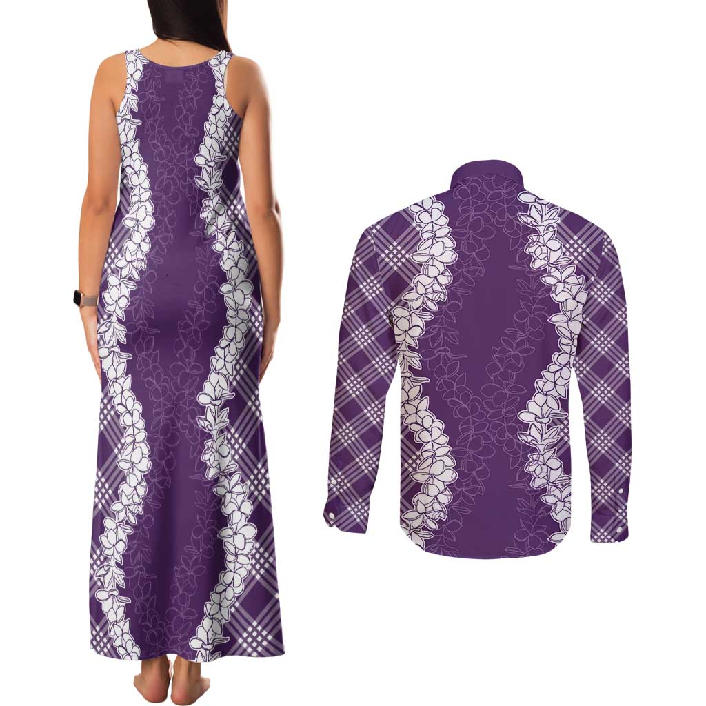 Hawaii Aloha Plumeria Lei Violet Palaka Couples Matching Tank Maxi Dress and Long Sleeve Button Shirt LT7 - Polynesian Pride