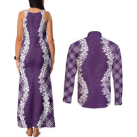 Hawaii Aloha Plumeria Lei Violet Palaka Couples Matching Tank Maxi Dress and Long Sleeve Button Shirt LT7 - Polynesian Pride