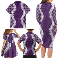 Hawaii Aloha Plumeria Lei Violet Palaka Family Matching Long Sleeve Bodycon Dress and Hawaiian Shirt LT7 - Polynesian Pride