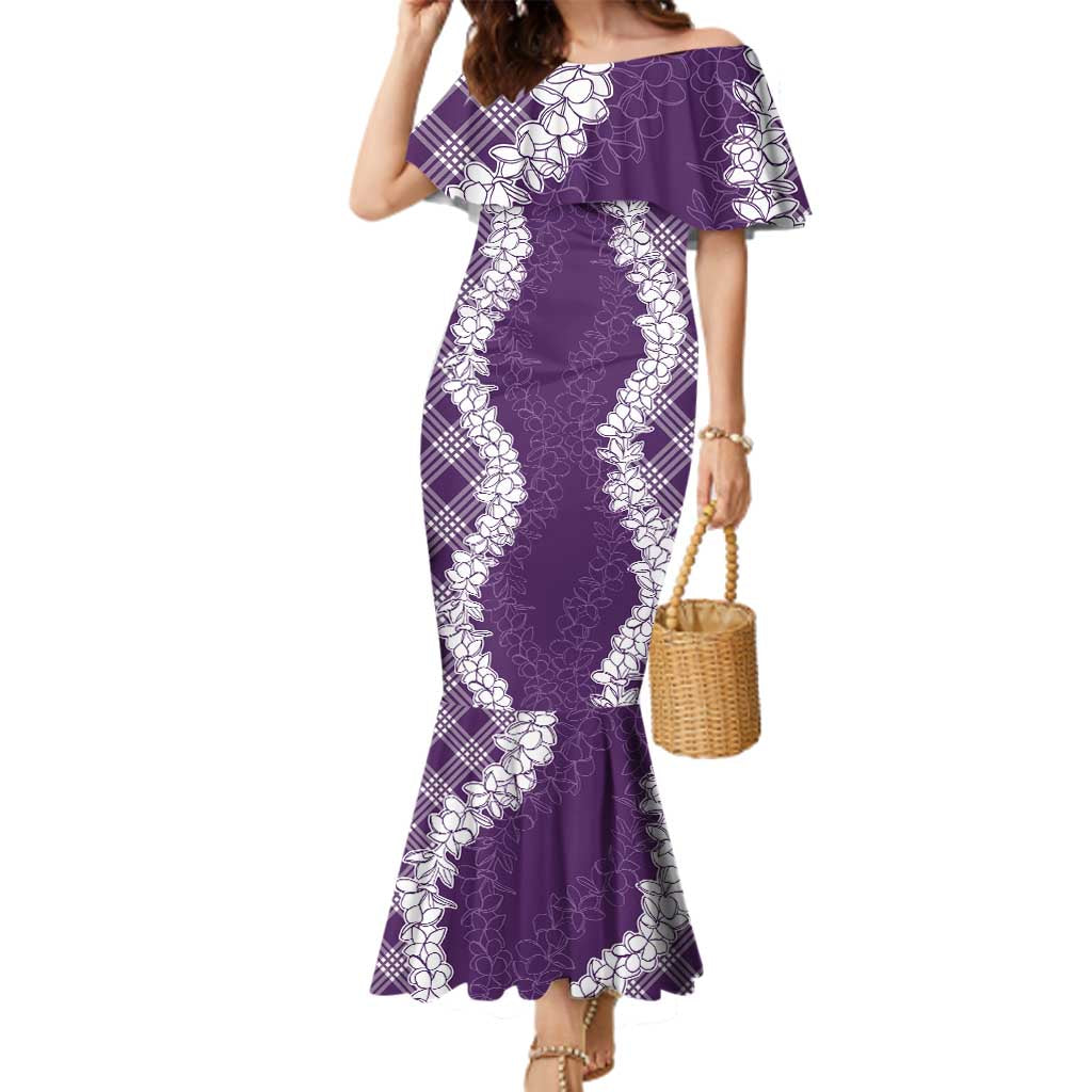 Hawaii Aloha Plumeria Lei Violet Palaka Family Matching Mermaid Dress and Hawaiian Shirt LT7 Mom's Dress Violet - Polynesian Pride