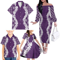 Hawaii Aloha Plumeria Lei Violet Palaka Family Matching Off The Shoulder Long Sleeve Dress and Hawaiian Shirt LT7 - Polynesian Pride