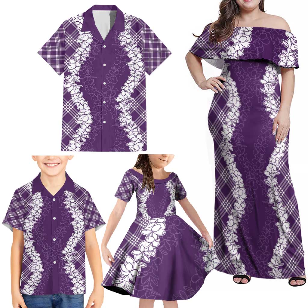 Hawaii Aloha Plumeria Lei Violet Palaka Family Matching Off Shoulder Maxi Dress and Hawaiian Shirt LT7 - Polynesian Pride