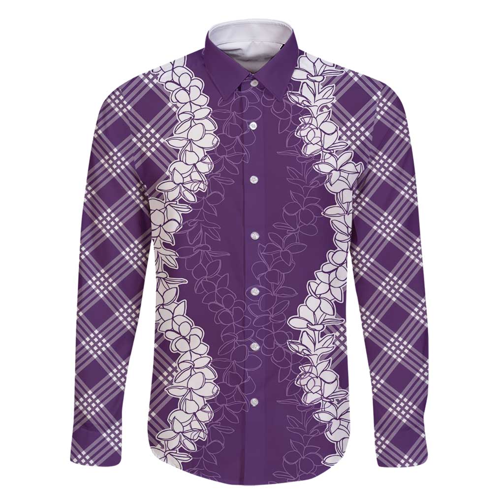 Hawaii Aloha Plumeria Lei Violet Palaka Family Matching Off Shoulder Maxi Dress and Hawaiian Shirt LT7 Dad's Shirt - Long Sleeve Violet - Polynesian Pride