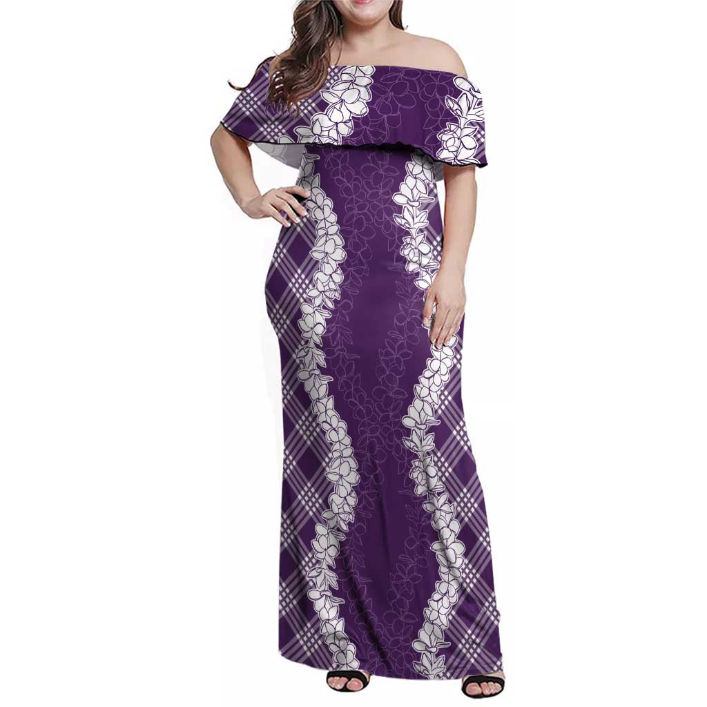 Hawaii Aloha Plumeria Lei Violet Palaka Family Matching Off Shoulder Maxi Dress and Hawaiian Shirt LT7 Mom's Dress Violet - Polynesian Pride