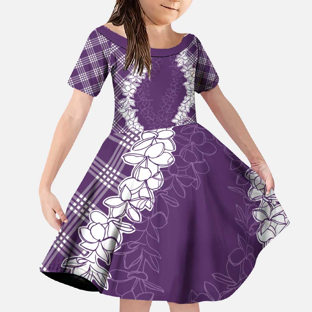 Hawaii Aloha Plumeria Lei Violet Palaka Family Matching Tank Maxi Dress and Hawaiian Shirt LT7 Daughter's Dress Violet - Polynesian Pride