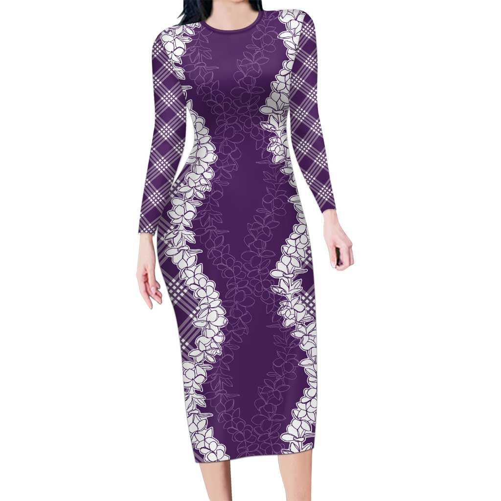 Hawaii Aloha Plumeria Lei Violet Palaka Long Sleeve Bodycon Dress - Polynesian Pride
