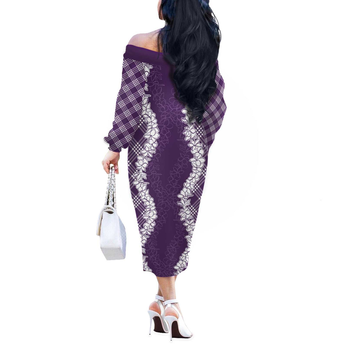 Hawaii Aloha Plumeria Lei Violet Palaka Off The Shoulder Long Sleeve Dress - Polynesian Pride