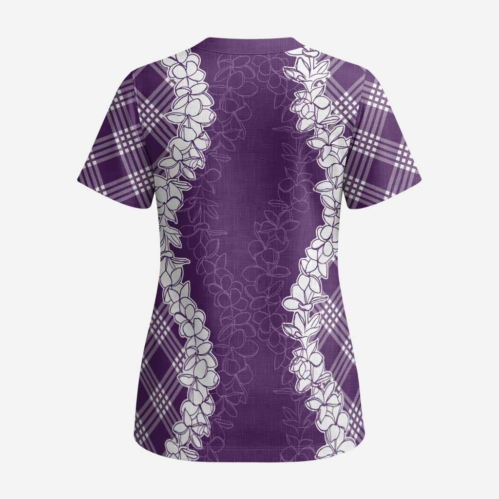 Hawaii Aloha Plumeria Lei Violet Palaka Scrub Top - Polynesian Pride