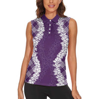 Hawaii Aloha Plumeria Lei Violet Palaka Women Sleeveless Polo Shirt LT7 - Polynesian Pride