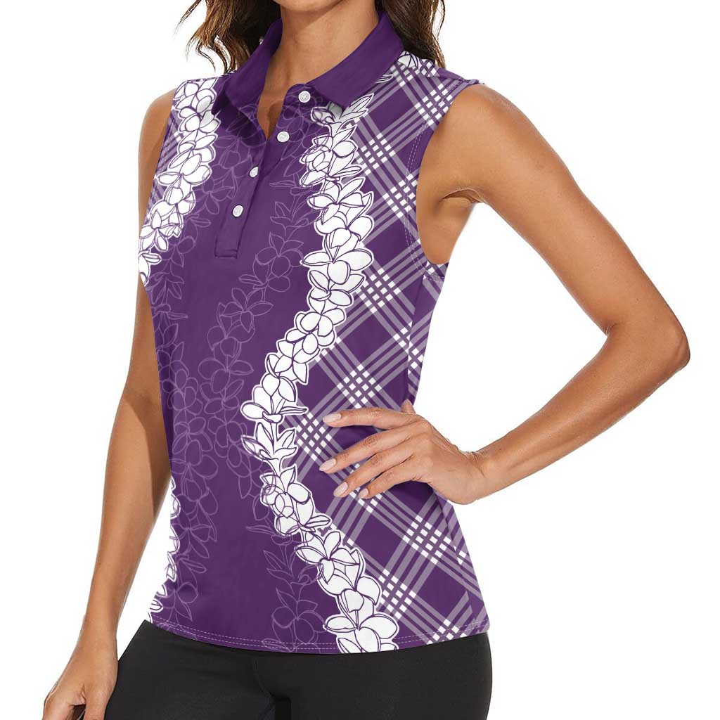 Hawaii Aloha Plumeria Lei Violet Palaka Women Sleeveless Polo Shirt LT7 - Polynesian Pride