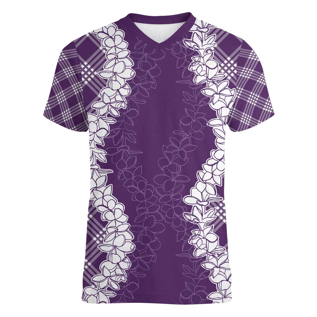 Hawaii Aloha Plumeria Lei Violet Palaka Women V-Neck T-Shirt - Polynesian Pride