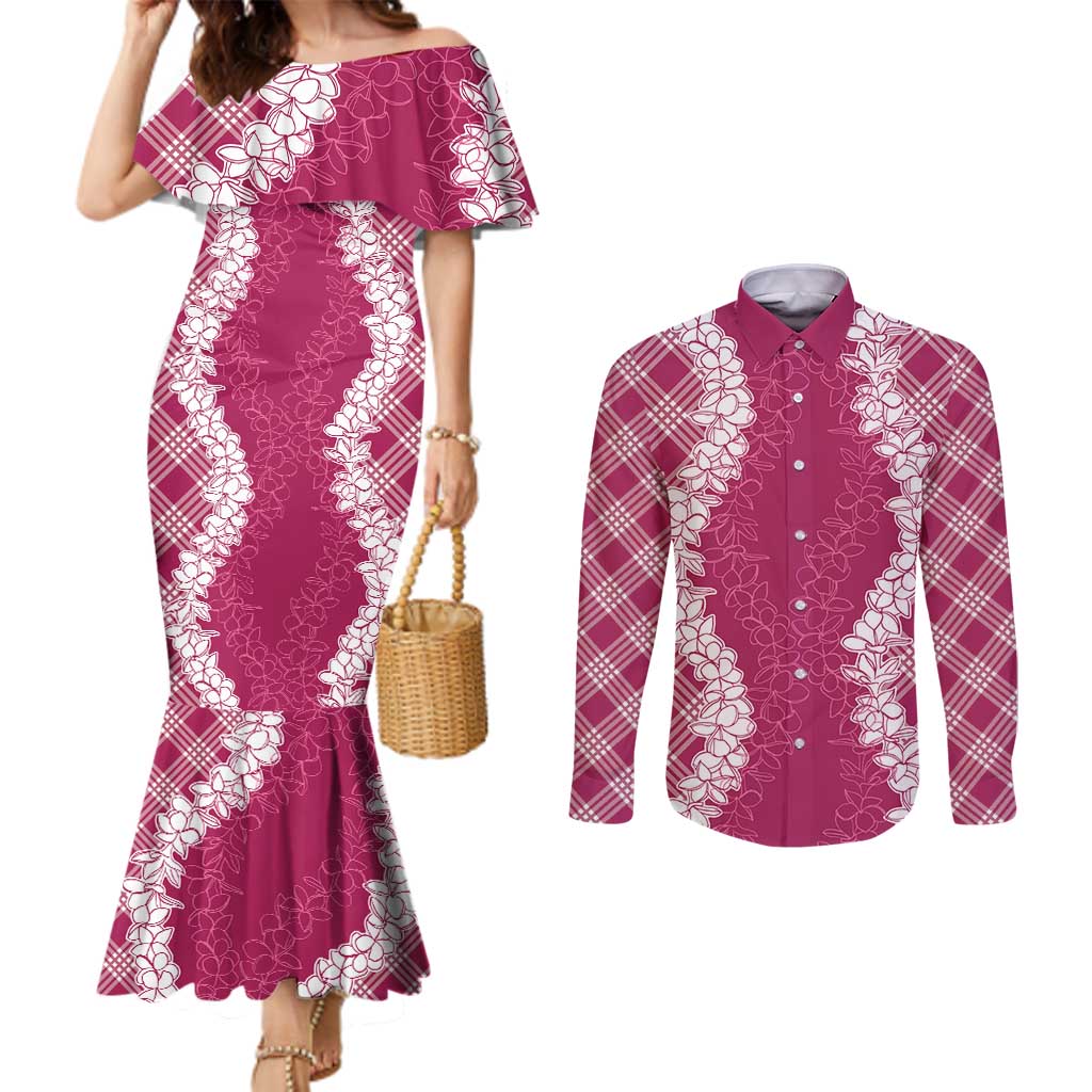 Hawaii Aloha Plumeria Lei Fuschia Palaka Couples Matching Mermaid Dress and Long Sleeve Button Shirt LT7 Fuschia - Polynesian Pride