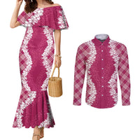 Hawaii Aloha Plumeria Lei Fuschia Palaka Couples Matching Mermaid Dress and Long Sleeve Button Shirt LT7 Fuschia - Polynesian Pride