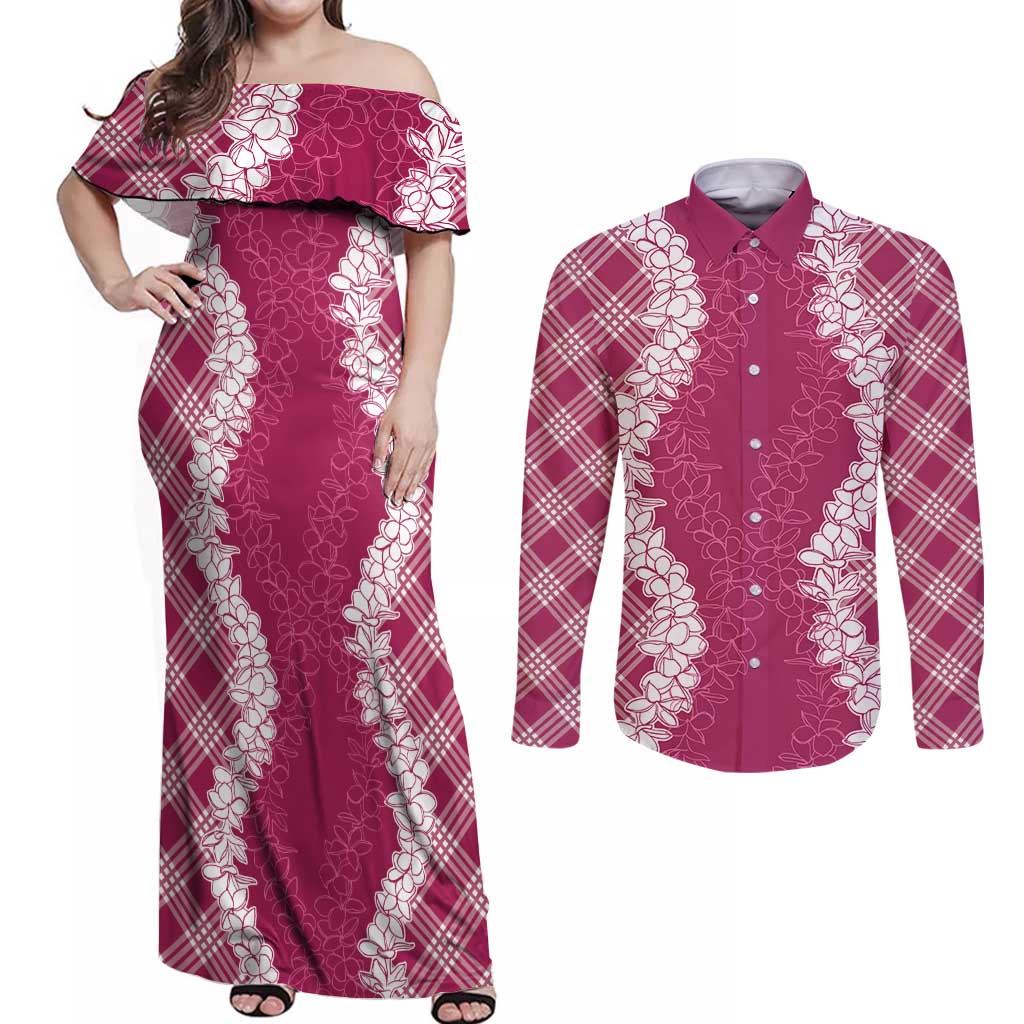 Hawaii Aloha Plumeria Lei Fuschia Palaka Couples Matching Off Shoulder Maxi Dress and Long Sleeve Button Shirt LT7 Fuschia - Polynesian Pride