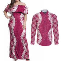 Hawaii Aloha Plumeria Lei Fuschia Palaka Couples Matching Off Shoulder Maxi Dress and Long Sleeve Button Shirt LT7 Fuschia - Polynesian Pride