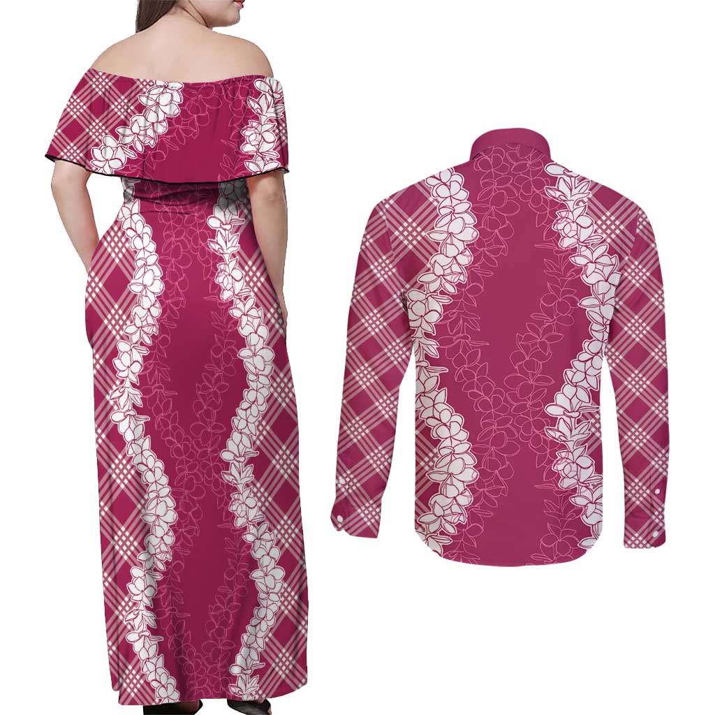 Hawaii Aloha Plumeria Lei Fuschia Palaka Couples Matching Off Shoulder Maxi Dress and Long Sleeve Button Shirt LT7 - Polynesian Pride