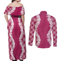 Hawaii Aloha Plumeria Lei Fuschia Palaka Couples Matching Off Shoulder Maxi Dress and Long Sleeve Button Shirt LT7 - Polynesian Pride