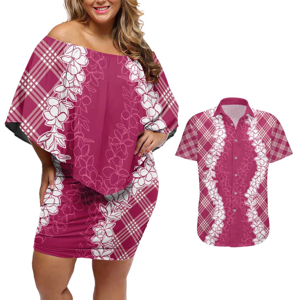 Hawaii Aloha Plumeria Lei Fuschia Palaka Couples Matching Off Shoulder Short Dress and Hawaiian Shirt LT7 Fuschia - Polynesian Pride