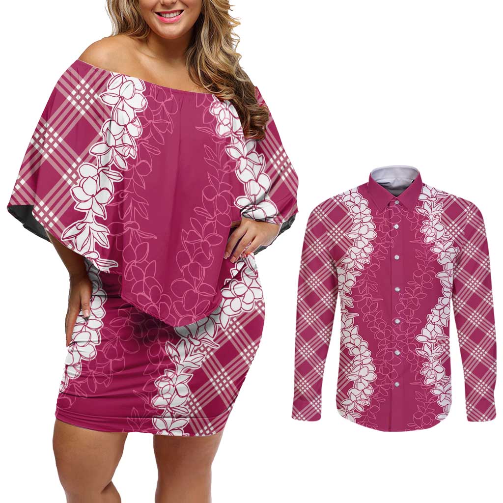 Hawaii Aloha Plumeria Lei Fuschia Palaka Couples Matching Off Shoulder Short Dress and Long Sleeve Button Shirt LT7 Fuschia - Polynesian Pride