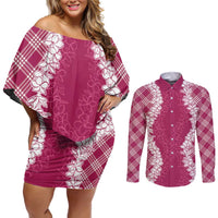 Hawaii Aloha Plumeria Lei Fuschia Palaka Couples Matching Off Shoulder Short Dress and Long Sleeve Button Shirt LT7 Fuschia - Polynesian Pride