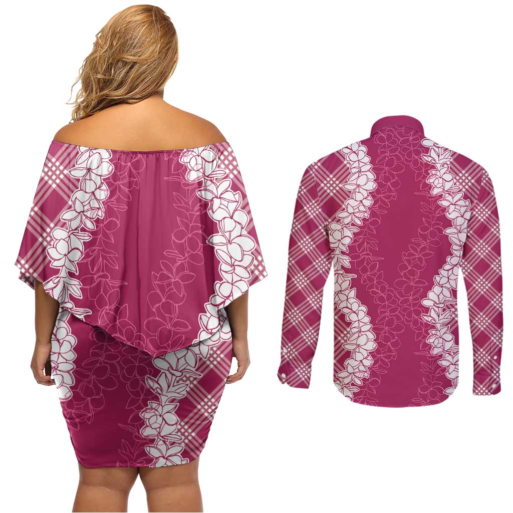 Hawaii Aloha Plumeria Lei Fuschia Palaka Couples Matching Off Shoulder Short Dress and Long Sleeve Button Shirt LT7 - Polynesian Pride