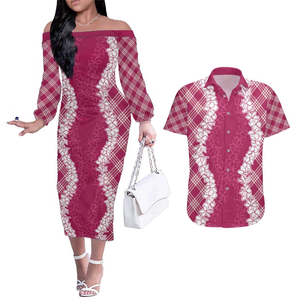 Hawaii Aloha Plumeria Lei Fuschia Palaka Couples Matching Off The Shoulder Long Sleeve Dress and Hawaiian Shirt - Polynesian Pride