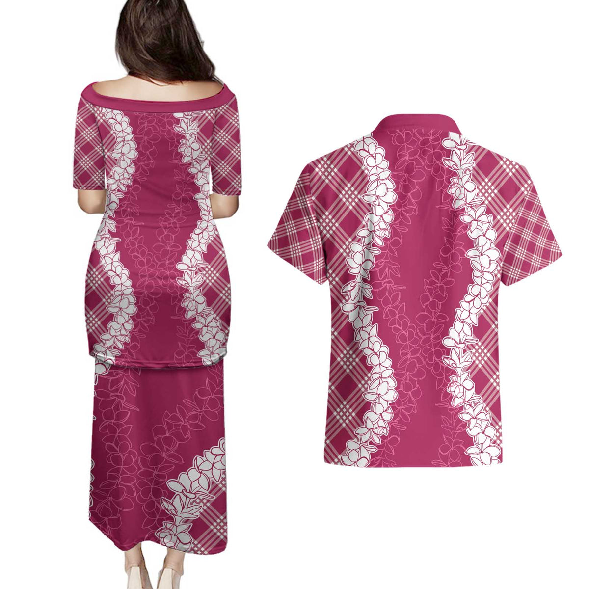 Hawaii Aloha Plumeria Lei Fuschia Palaka Couples Matching Puletasi and Hawaiian Shirt LT7 - Polynesian Pride