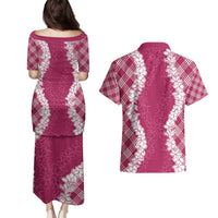 Hawaii Aloha Plumeria Lei Fuschia Palaka Couples Matching Puletasi and Hawaiian Shirt LT7 - Polynesian Pride