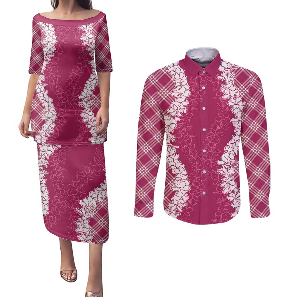 Hawaii Aloha Plumeria Lei Fuschia Palaka Couples Matching Puletasi and Long Sleeve Button Shirt LT7 Fuschia - Polynesian Pride