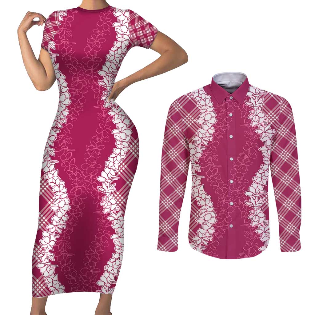 Hawaii Aloha Plumeria Lei Fuschia Palaka Couples Matching Short Sleeve Bodycon Dress and Long Sleeve Button Shirt - Polynesian Pride