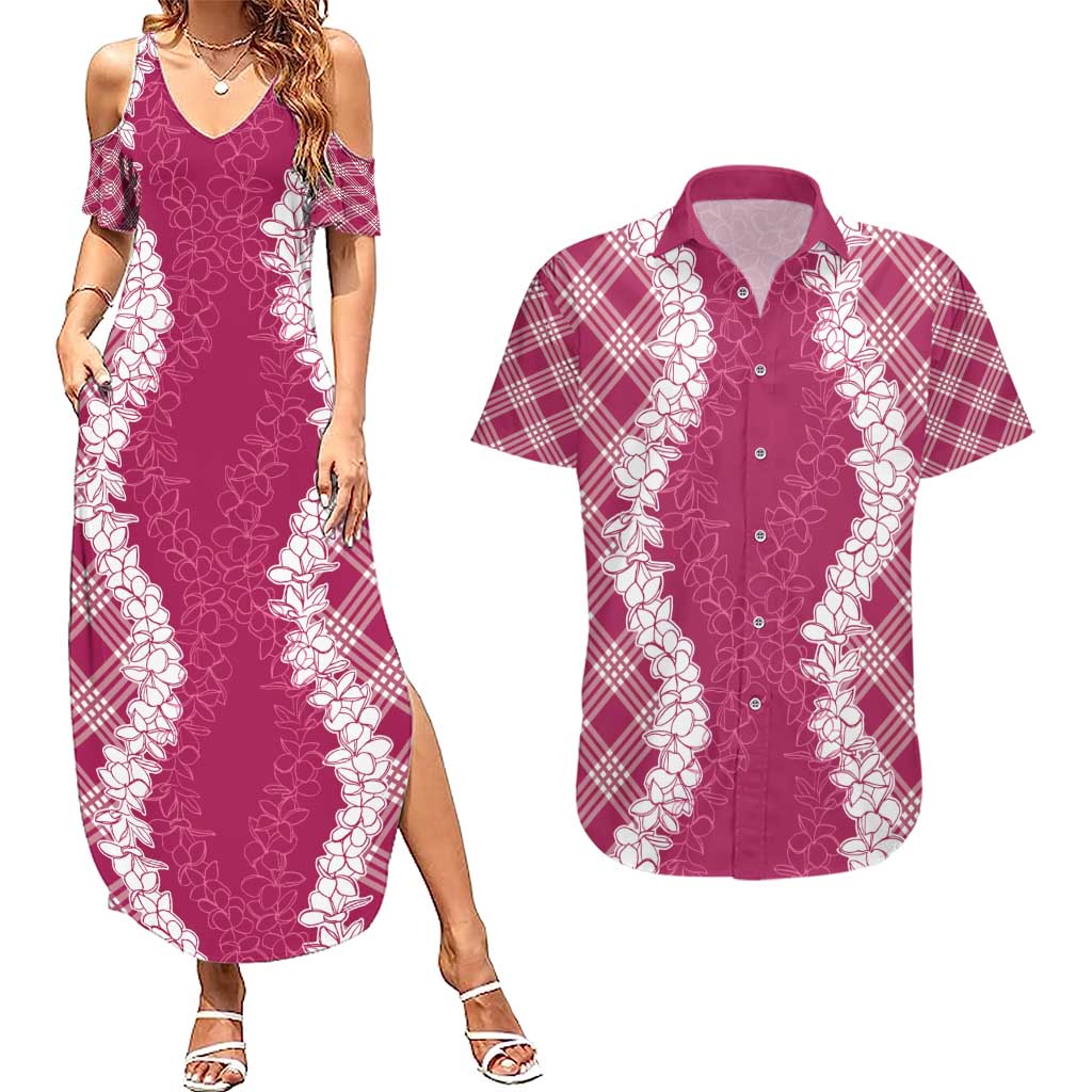 Hawaii Aloha Plumeria Lei Fuschia Palaka Couples Matching Summer Maxi Dress and Hawaiian Shirt LT7 Fuschia - Polynesian Pride