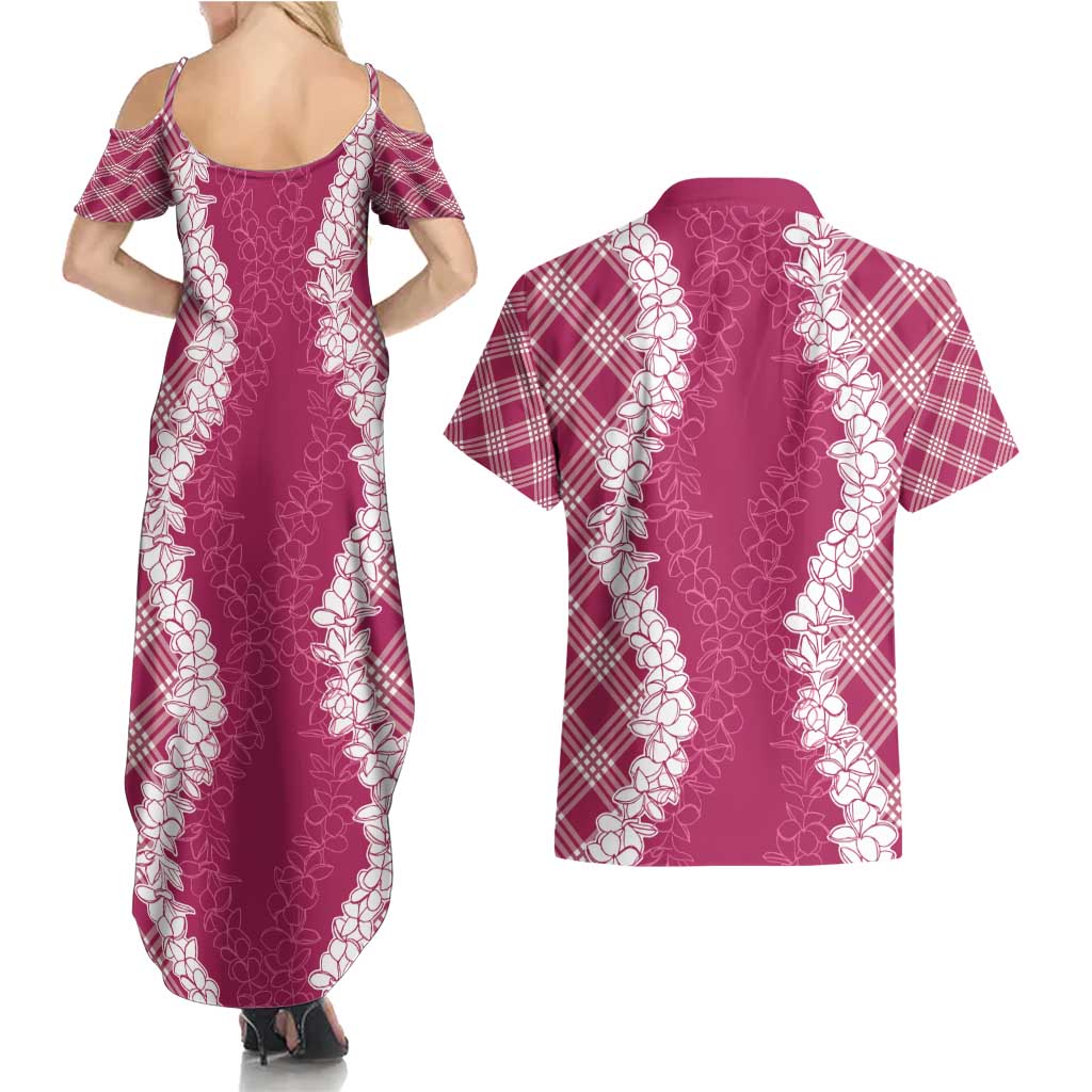 Hawaii Aloha Plumeria Lei Fuschia Palaka Couples Matching Summer Maxi Dress and Hawaiian Shirt LT7 - Polynesian Pride