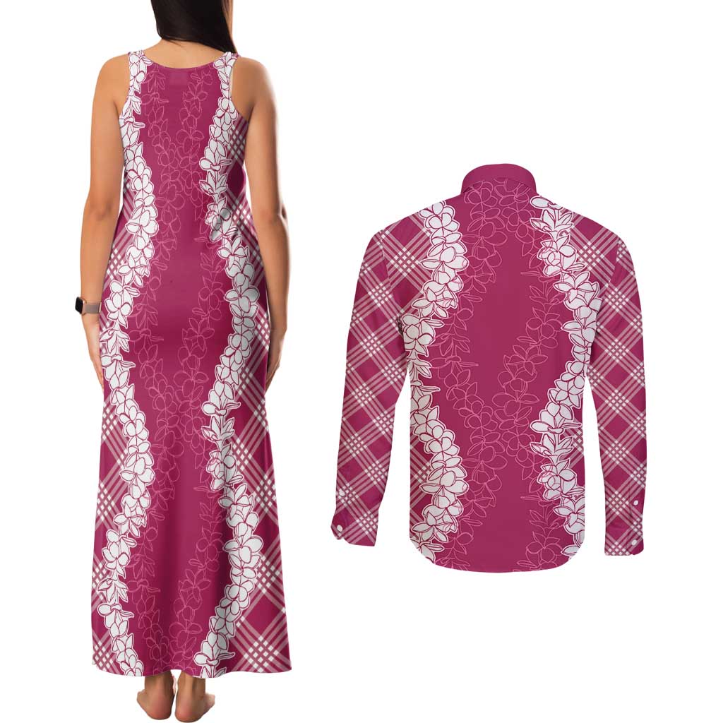 Hawaii Aloha Plumeria Lei Fuschia Palaka Couples Matching Tank Maxi Dress and Long Sleeve Button Shirt LT7 - Polynesian Pride