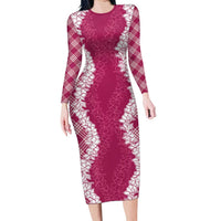 Hawaii Aloha Plumeria Lei Fuschia Palaka Family Matching Long Sleeve Bodycon Dress and Hawaiian Shirt LT7 Mom's Dress Fuschia - Polynesian Pride