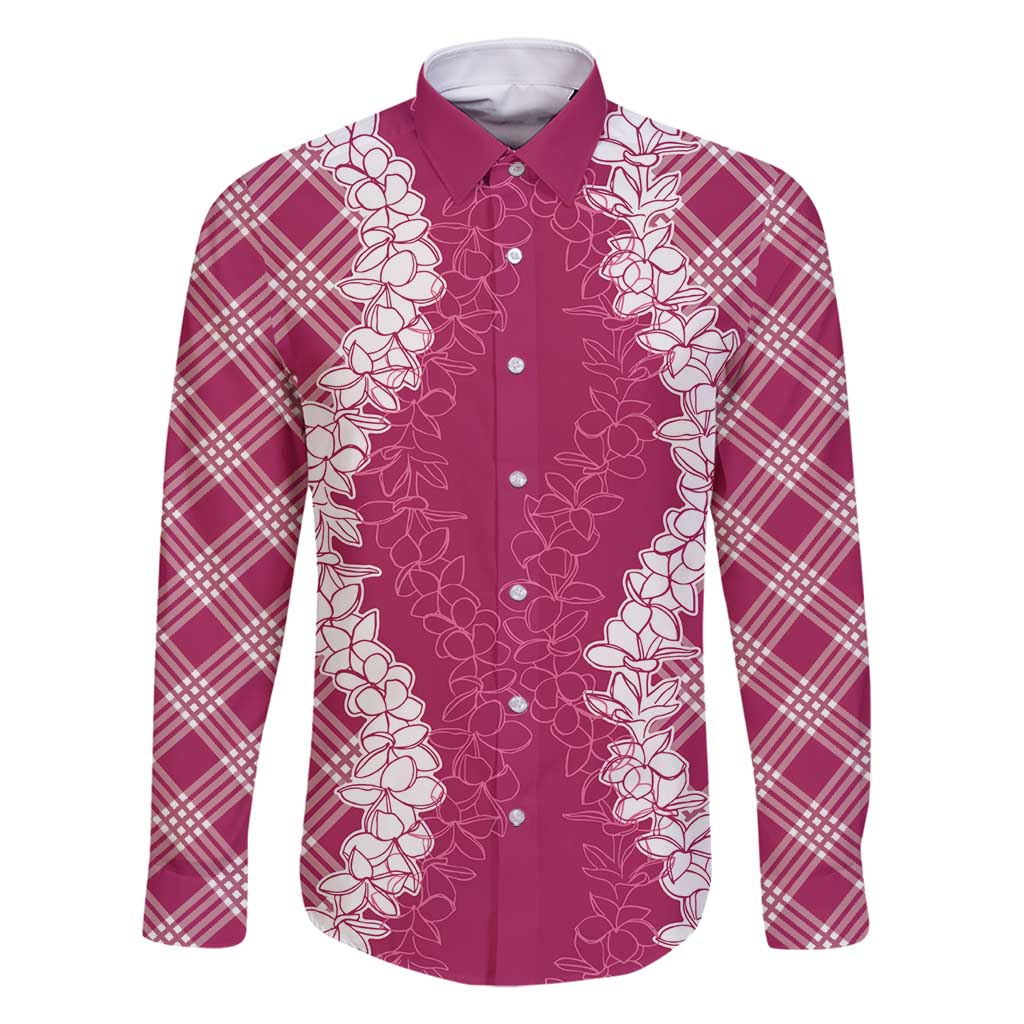 Hawaii Aloha Plumeria Lei Fuschia Palaka Family Matching Mermaid Dress and Hawaiian Shirt LT7 Dad's Shirt - Long Sleeve Fuschia - Polynesian Pride